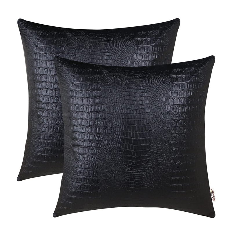 BRAWARM Faux Leather Pillow Covers 16 X 16 Inches, Black Leather Pillow Covers Pack of 2, Crocodile Leather Decorative Throw Pillows for Living Room Couch Bed Sofa Home - Image 1